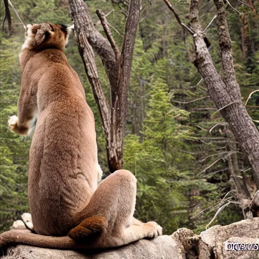 Image similar to trail cam of a mountain lion dancing with a monkey