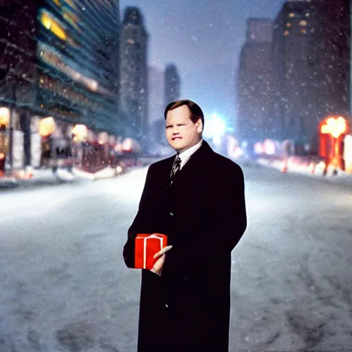 Prompt: 1 9 9 8 andy richter wearing a black wool coat and necktie standing on the streets of chicago at night in winter, holding shopping bags gifts, dynamic lighting, holiday season.