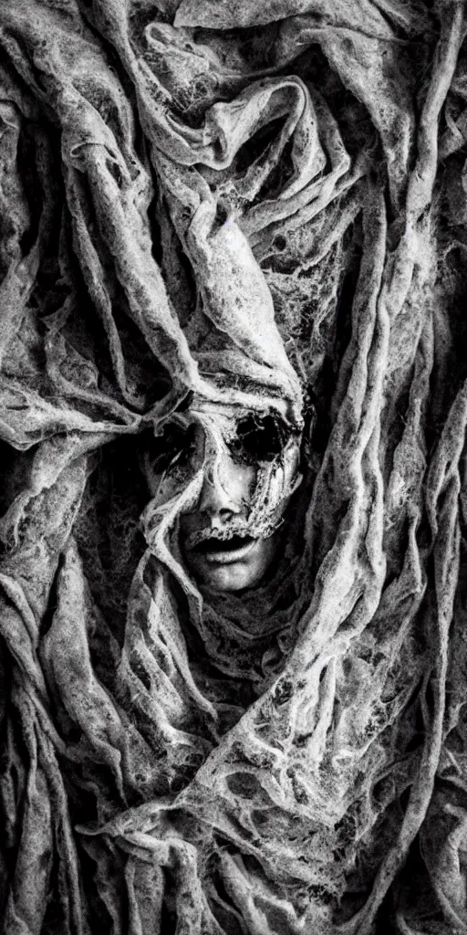 Prompt: feeling rage like never before, surrealism, abstract human face, hidden behind torn cloth swirling violently, abstract cloth simulation, tattered fabric, rags, ragged