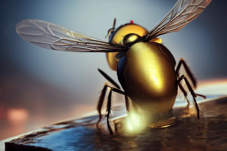 Image similar to a huge fly is sitting on a cake, 4 k, ultra details, cinematic, epic style, beautiful photo, hyper realistic, octane render, unreal engine, award winning, on artstation, volumetric lightning, masterpiece, golden hour,