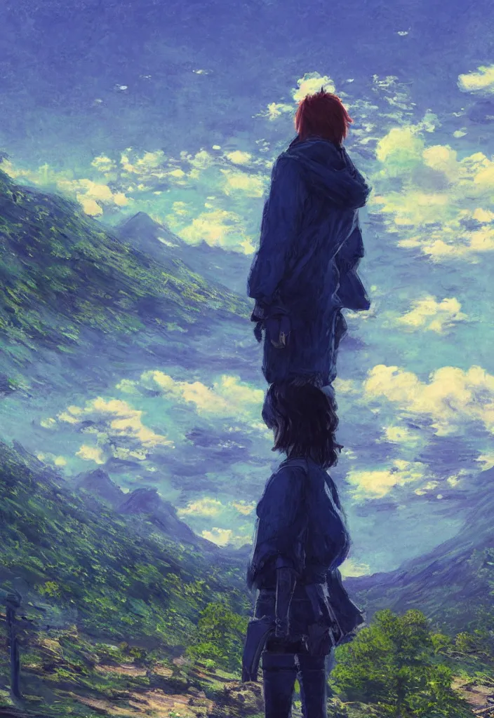 Prompt: tiny god in front of a japanese city in the mountain. cyberpunk. beautiful blue sky. gorgeous epic nature, lofi, vivid colors, amazing light, by jeremy lipkin, by claude monet, heavily inspired by makoto shinkai, inspired by ghibli, masterpiece, multiple brush strokes, impressionist style