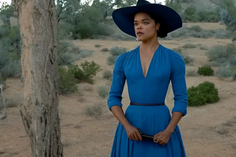 Image similar to 4 k still of tessa thompson wearing a blue dress on an old west plantation in westworld, detailed, photorealistic