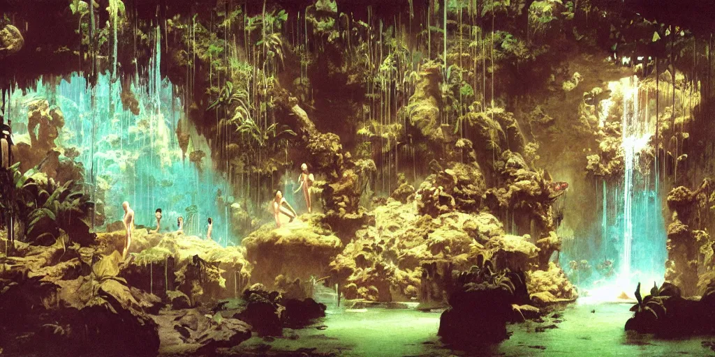 Image similar to a tropical cave that renovate as a luxury interior as several beautiful women bathe in the waters surrounding a muscled adventurer by syd mead, frank frazetta, ken kelly, simon bisley, richard corben, william - adolphe bouguereau, detailed concept art