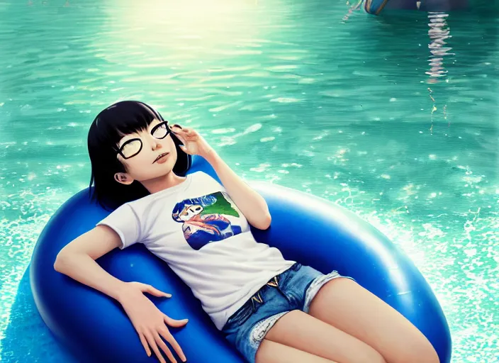 Image similar to closeup portrait of tsuyu asui from my hero academia relaxing in jeans and a t - shirt on a floating pool chair, sunny, bright, reflections, intricate, sharp focus, lens flare, bloom, illustration, highly detailed, digital painting, concept art, matte, art by ruan jia and wlop and greg rutkowski, masterpiece