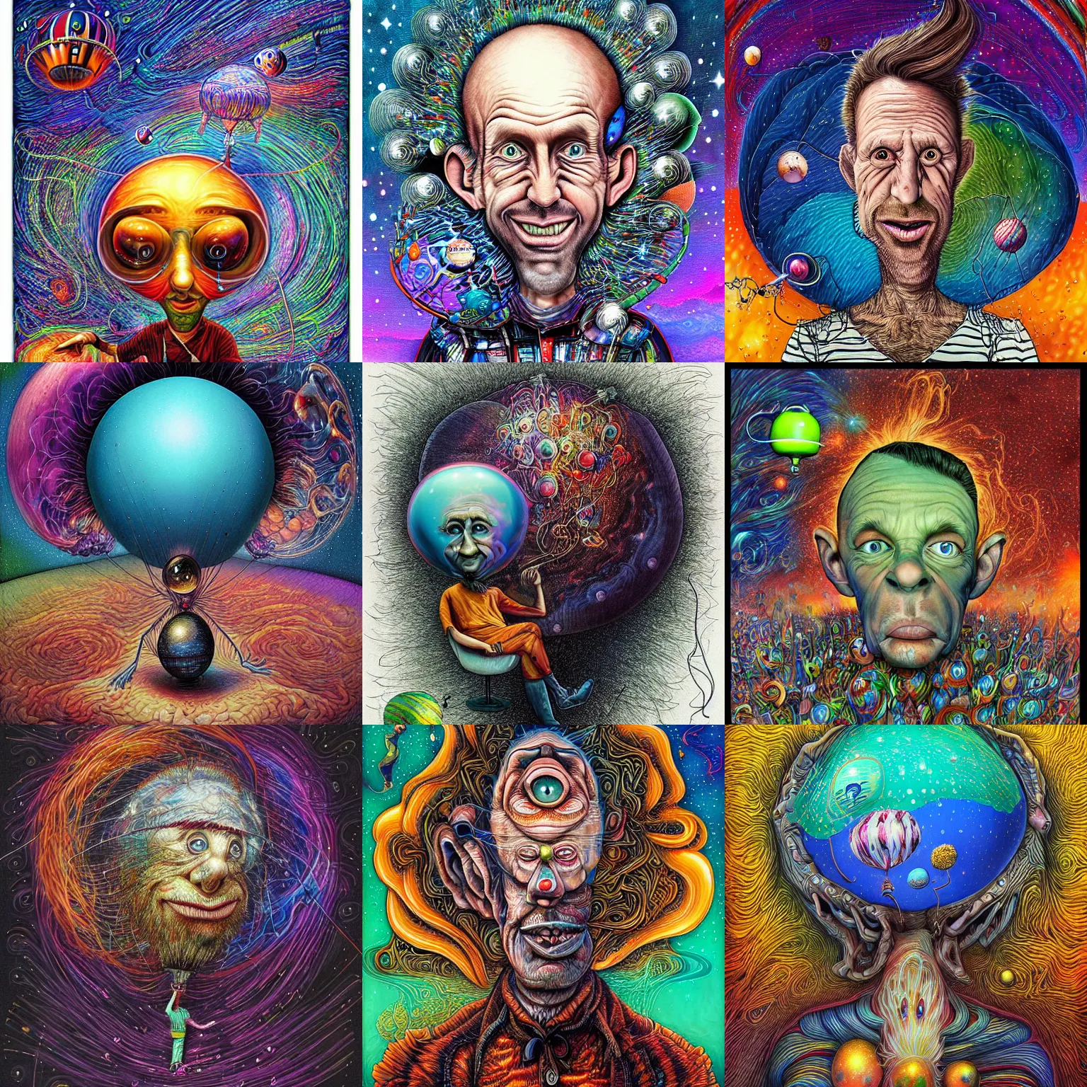 Prompt: caricature of a burnt out wook doing whippits from a balloon, his head expanding into the cosmos, deconstructing reality, by android jones, by chris dyer