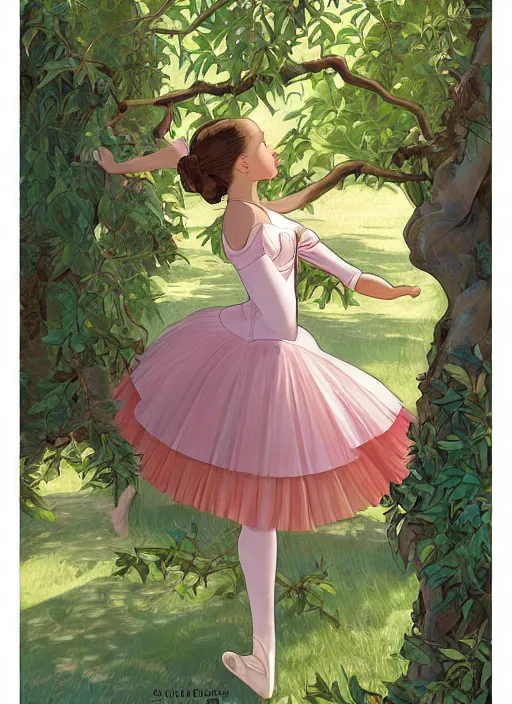 Image similar to well - lit art nouveau portrait of a 1 3 - year old ballet girl wih resembles natalie portman and emily browning acting shy under an apple tree, natural lighting, path traced, highly detailed, high quality, cartoon, digital painting, by don bluth and ross tran and studio ghibli