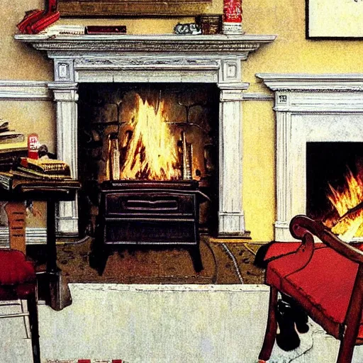 Prompt: eye level portrait painting by Norman Rockwell of Joe Biden sitting in a chair at a 45 degree angle from the camera. Cozy fire. Legs apart