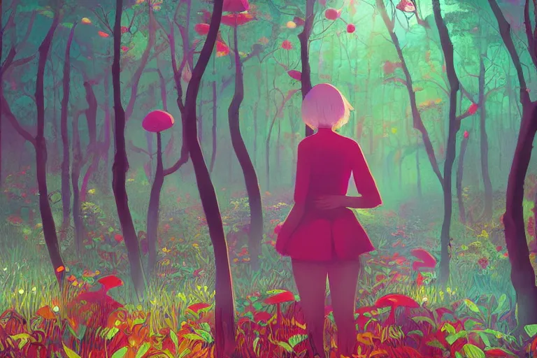 Prompt: beautiful wonderland digital illustration by ilya kuvshinov : 1 | colorful surreal psychedelic mushroom forest by beeple : 1 | people, faces, figures, humans, man, woman, boy, girl : - 1