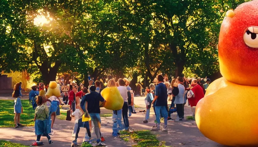 Prompt: 1990s candid photo of a beautiful day at the park, cinematic lighting, cinematic look, golden hour, costumed fruit mascot people coming out of an energy portal, Enormous personified fruit people with outstandingly happy faces coming out of a space portal and talking to families, UHD