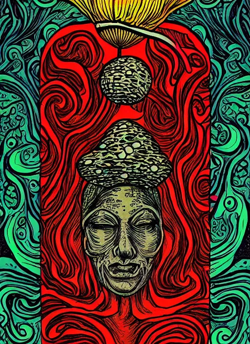 Image similar to tarot card designed by charles burns, painted with oil paint, depicting amanita muscaria, ritual, dmt space, intricate, ornate