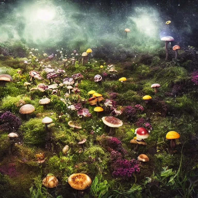 Image similar to a planet of various fungus, mushrooms, flowers and plants, inside the picture is infinity, Atmospheric, artistic photography, conceptual, long exposure outside the city, volumetric light