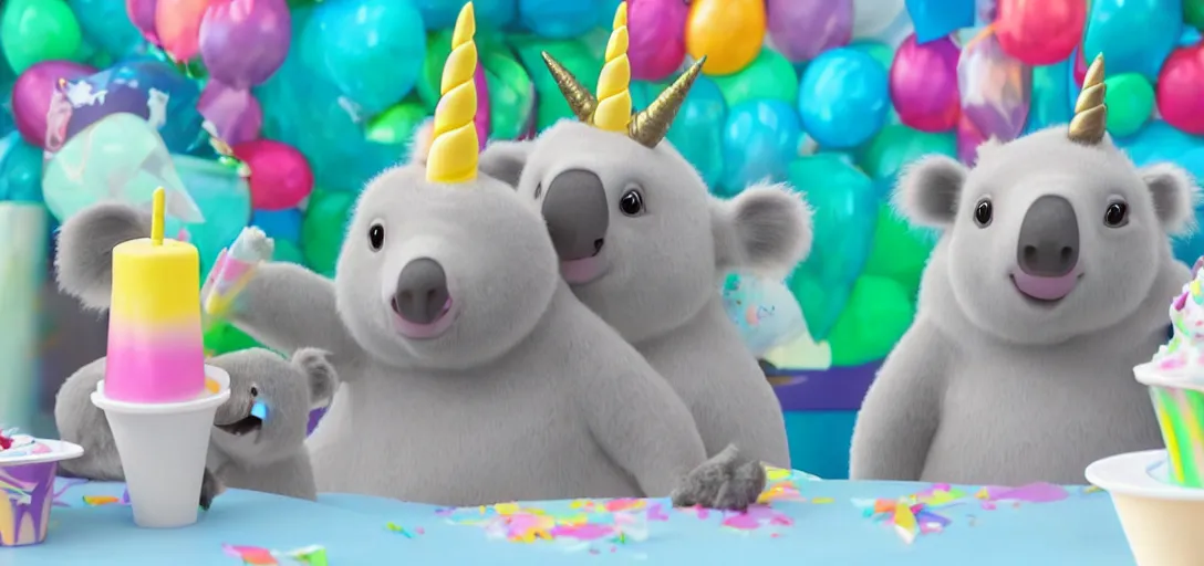 Image similar to a medium shot of a unicorn and koala enjoying ice cream cones at a birthday party for penguins, highly detailed, Pixar movie, anamorphic lens