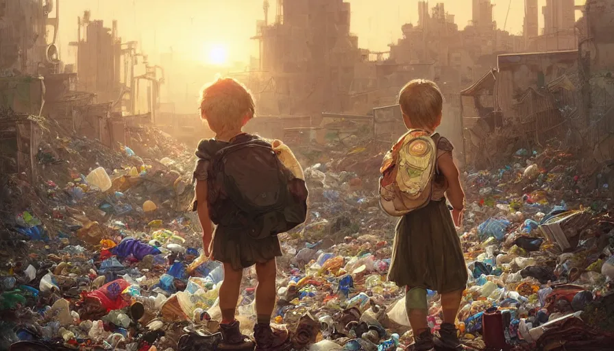 Image similar to poor detailed child with backpack looking for food at garbage dump, city is pure wasteland, sunset in background, detailed characters, alphonse mucha, greg rutkowski, trending on artstation, artgerm, breathtaking, sharp focus, smooth, mark arian, award winning, highly detailed 4 k art