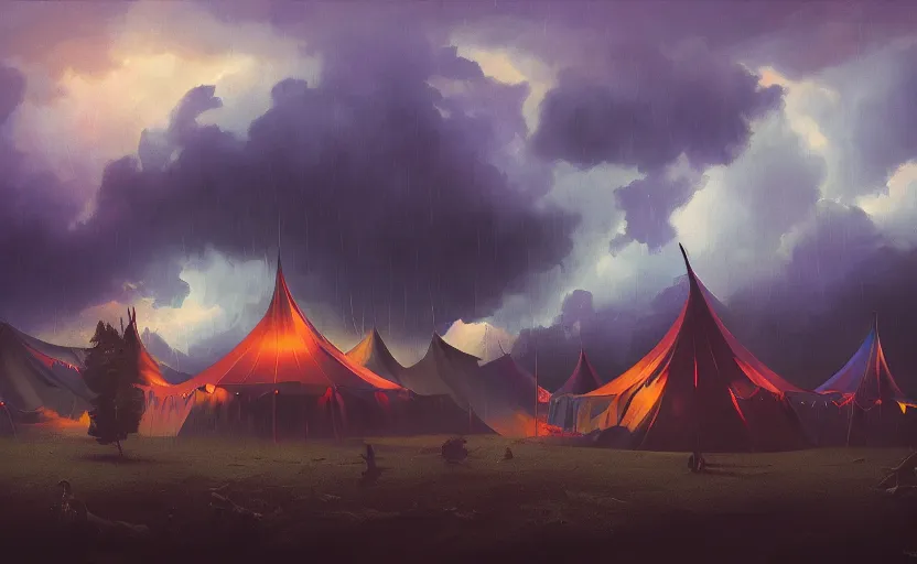 Prompt: beautiful painting silhouette of dark colorfull evil circus tent, dark stormy dramatic sky, Moebius, frank frazetta, james gurney, thomas kinkade, rodney mathews, beeple, trending on artstation