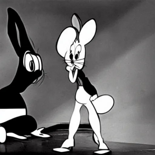 Prompt: movie still, bugs bunny in 1 9 3 0 s film noir movie, black and white