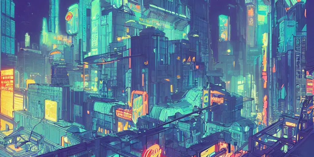 Prompt: a study of cell shaded cartoon of a blade runner 2 0 7 7 style city, illustration, strong colors, neon advertisements, concept art by josan gonzales and wlop, by james jean, victo ngai, david rubin, mike mignola, laurie greasley, highly detailed, sharp focus, trending on artstation, hq, deviantart, art by artgem