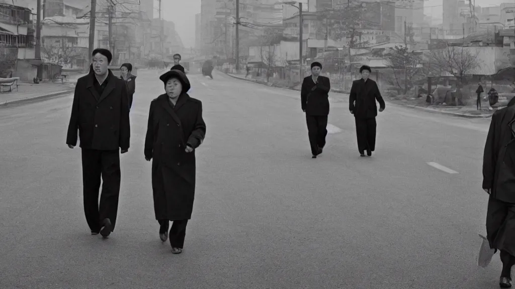 Prompt: shin sang - ok walking in 1 9 6 0 s pyongyang, film noir thriller in the style of orson welles and andrei tarkovski