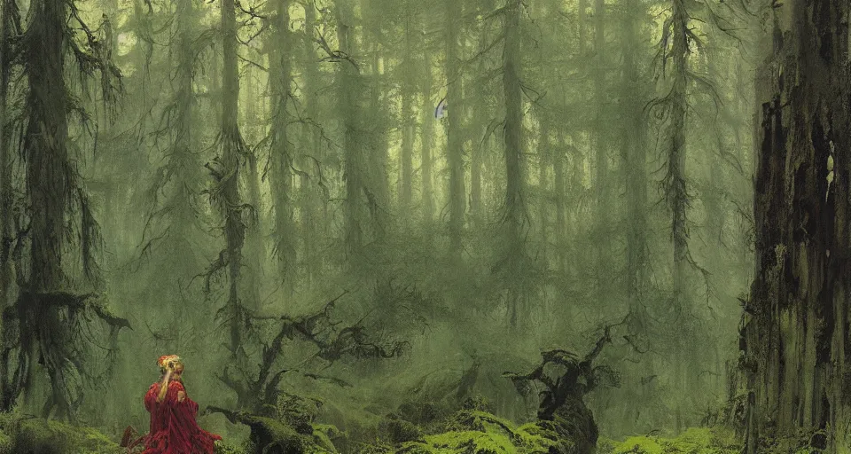 Image similar to primeval forest, murmuring pines and the hemlocks, bearded with moss, and in garments green, indistinct in the twilight, intricate, vivid colors, elegant, highly detailed, john park, frazetta, john howe, ruan jia, jeffrey catherine jones