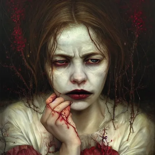 Image similar to a hyperrealistic painting of a beautiful gothic princess crying tears of blood, by Andrea Kowch, vivid color, highly detailed,