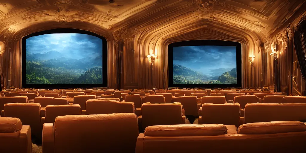 Image similar to view inside from a bioscope cinema hall, unreal 5, hyperrealistic, realistic, photorealistic, dynamic lighting, highly detailed, cinematic landscape, studio landscape, studio lighting