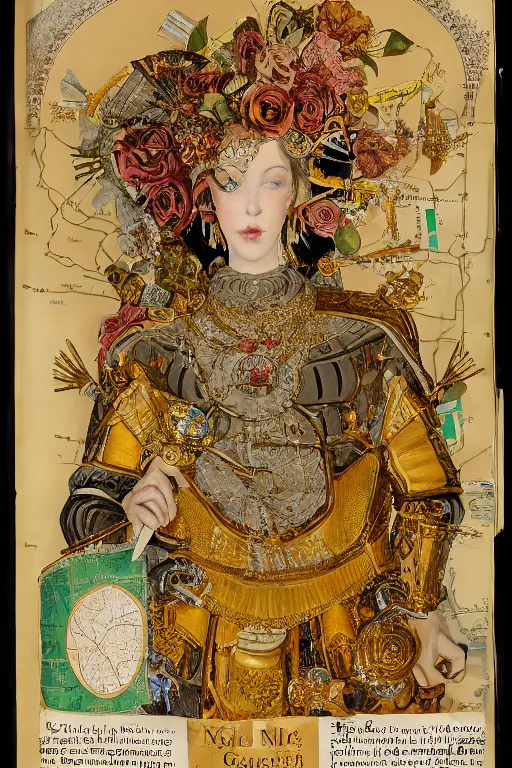 Image similar to hyperdetailed matte illustration of a knight wearing an ornate gold headpiece and holding a flower with a map of the collective subconscious in the background by john currin