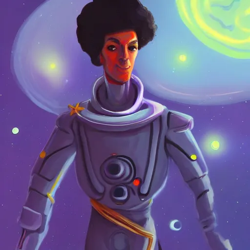 Image similar to a messy painting. Prince in space. Sci Fi colours. Trending on Artstation.