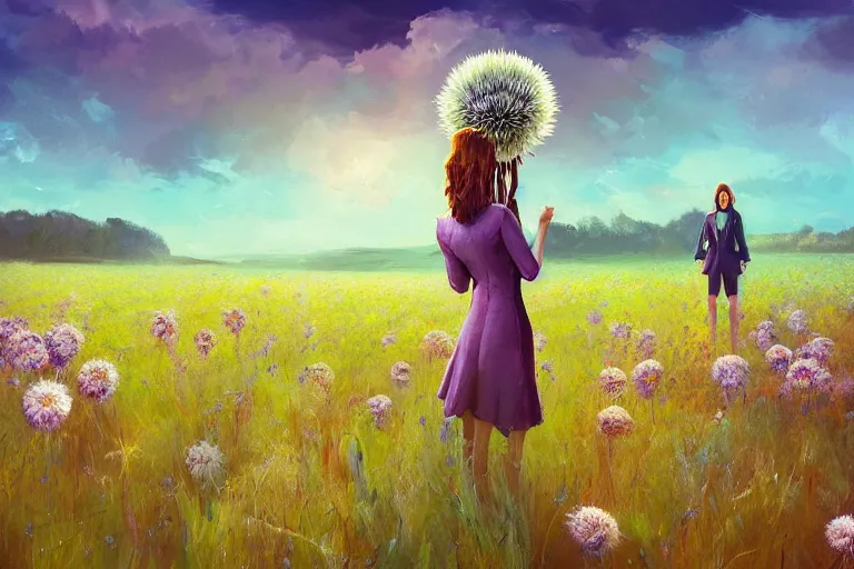 Image similar to giant thistle flower head, girl in suit in field of flowers, surreal photography, sunrise, blue sky, dramatic light, impressionist painting, digital painting, artstation, simon stalenhag