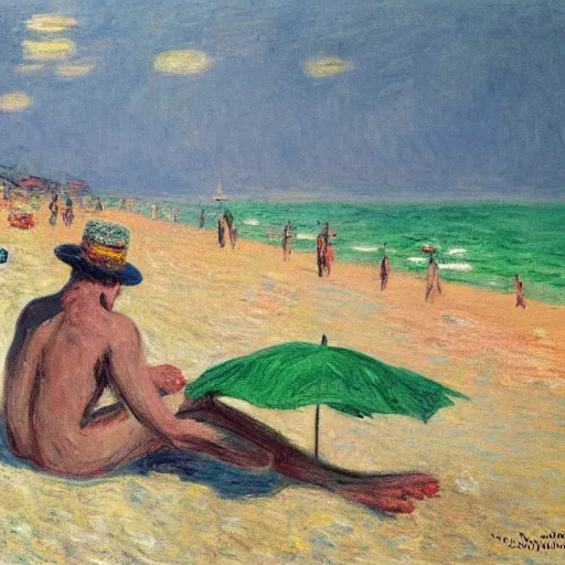 Prompt: a joker and a armed robber chilling on ipanema beach by monet