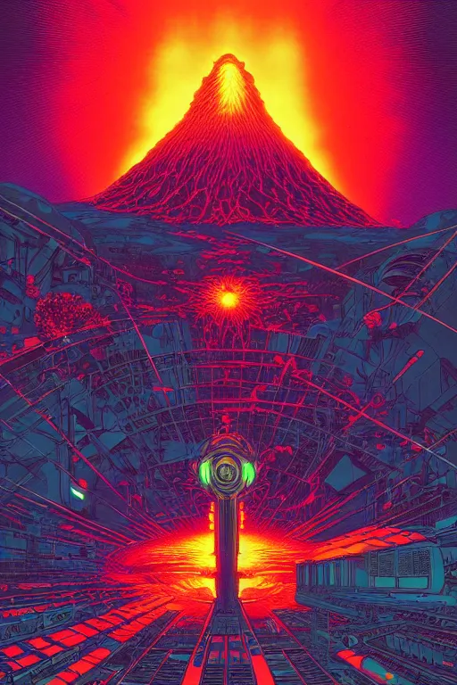 Image similar to artwork by kilian eng and dan mumford and toshi yoshida and franklin booth and peter doig showing a futuristic powerstation!! in front of an exploding volcano, vintage scifi, high details, dramatic lightning, 8 k