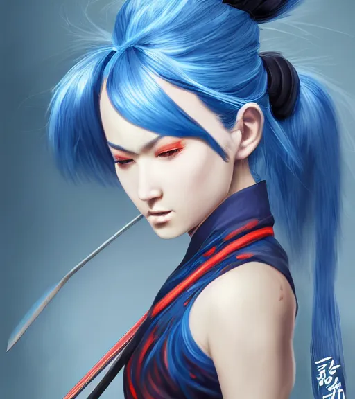 Image similar to a girl with blue hair holding a katana, samurai outfit, japanese clothes, ponytail, action shot, highly detailed, digital painting, artstation, concept art, smooth, sharp focus, kunoichi, illustration