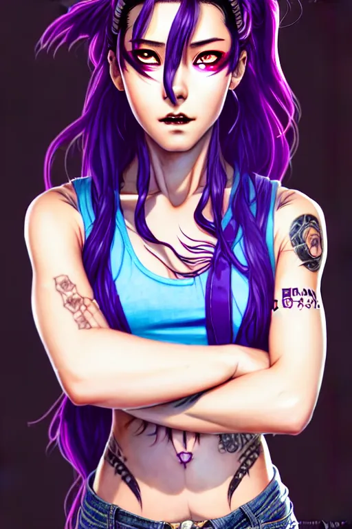 Prompt: a portrait of dilraba dilmurat as revy from black lagoon, smirk, black tank top, jean shorts, brown eyes, purple hair, tribal tattoo sleeve right arm, symmetrical eyes, symmetrical face, art by lois van baarle and loish and ross tran and rossdraws and sam yang and artgerm