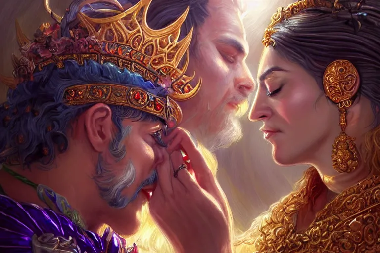 Image similar to close up moment of a divine a sun god and a moon goddess lovers magician at a wedding banquet, highly detailed, d & d, fantasy, highly detailed, digital painting, trending on artstation, concept art, sharp focus, illustration, art by artgerm and daniel gerhartz and magali villeneuve