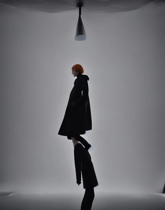 Image similar to high fashion portrait close - up of a lone single model posing melodramatically in a slick fashionable zara raincoat jumping floating suspended mid - air over a wet rainy contemporary lighting art installation designed by james turrell, photography shot by steven meisel, dali, wes anderson, lily frank, symmetry, rule of thirds, nostretch