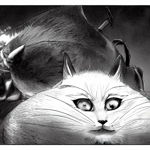 Image similar to fat orange cat, berserk, manga panel, murata, 4k, realistic