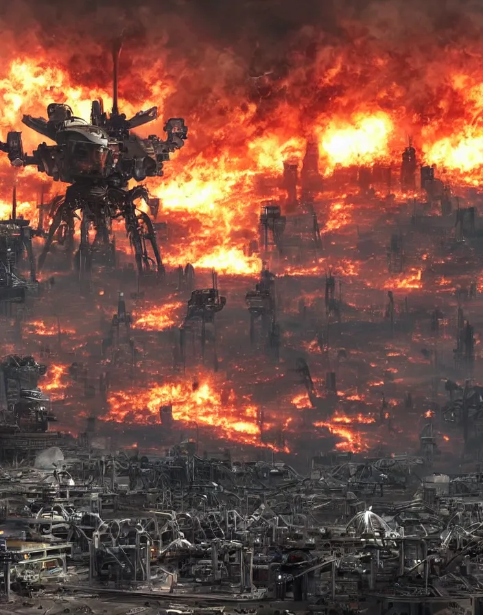 Prompt: giant robotic aliens attacking city, people watch from oil rig platform they have fled the city and watch as it burns, helicopters and fighter jets flying by shooting at the giant robotic aliens, clone army destroying humans in the city, humans vs the robots, in the style of terminator salvation