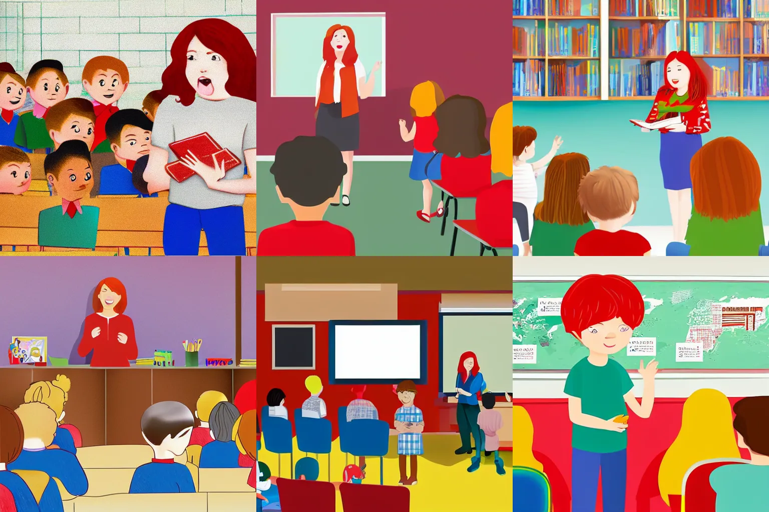 Prompt: a red headed child giving a presentation in a classroom, flat graphic style, children's book illustration by Sam Yang