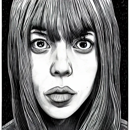 Prompt: Portrait of Billie Eilish by Junji Ito, highly detailed, sharp focus, illustration