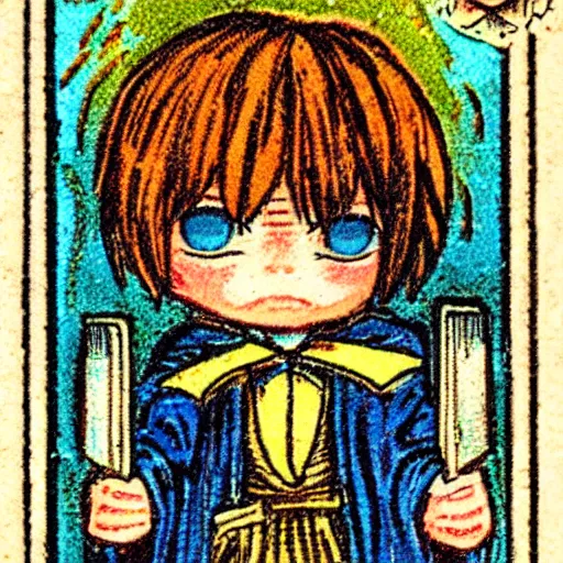 Prompt: cute chibi style wizard drawn on a vintage tarot card with grainy texture from 1976