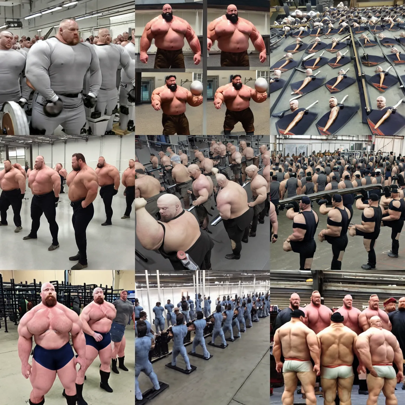 Prompt: mass production of burly strongmen clones