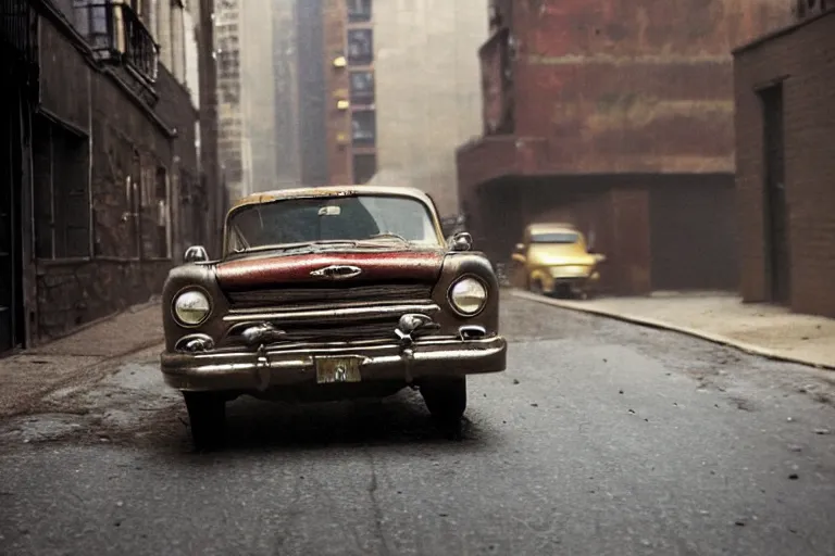 Prompt: street photography by saul leiter, in a new york alley, award winning photo of an ultra detailed intricate dirty vintage ford car speeding very fast on mud, fast shutter speed, motion blur, tiny gaussian blur, highly detailed, highly intricate, depth of field, trending on top gear