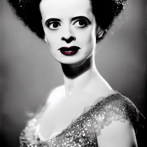 Prompt: dslr photo portrait still of elsa lanchester, 8 5 mm, f 1. 8, bride of frankenstein