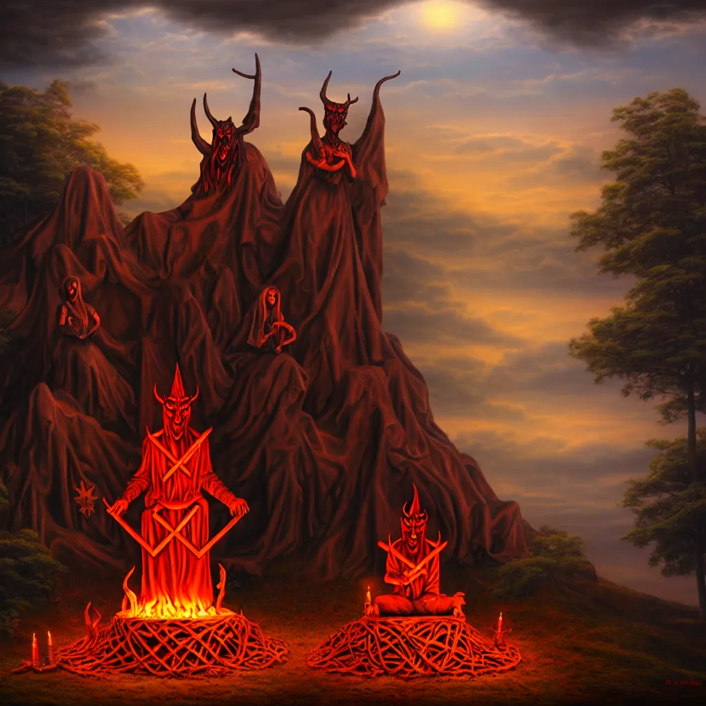 Prompt: satanic ritual, wooden statue, on a hill, a detailed matte painting, fantasy, depth of field, grim, dark, oil on canvas