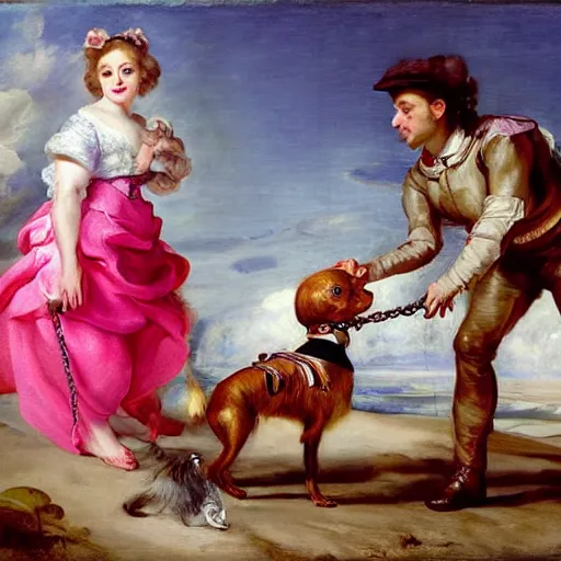 Image similar to heavenly summer sharp land sphere scallop well dressed lady walking her little pink chihuahua by the leash, auslese, by peter paul rubens and eugene delacroix and karol bak, hyperrealism, digital illustration, fauvist, walking her little pink chihuahua by the leash