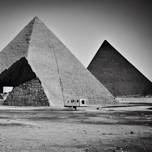 Image similar to gigantic concrete pyramid in the background, all seeing eye, haunting desolation, post apocalyptic, abandoned city