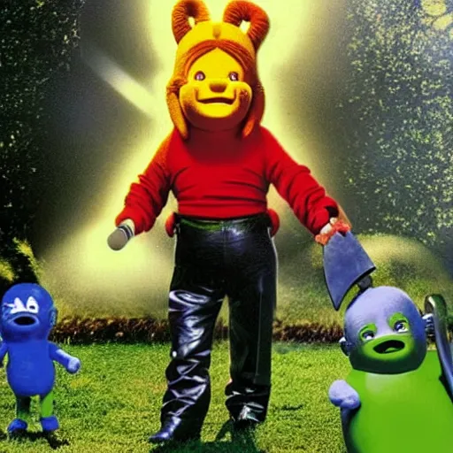 Image similar to Danny Trejo with machete appears in teletubbies