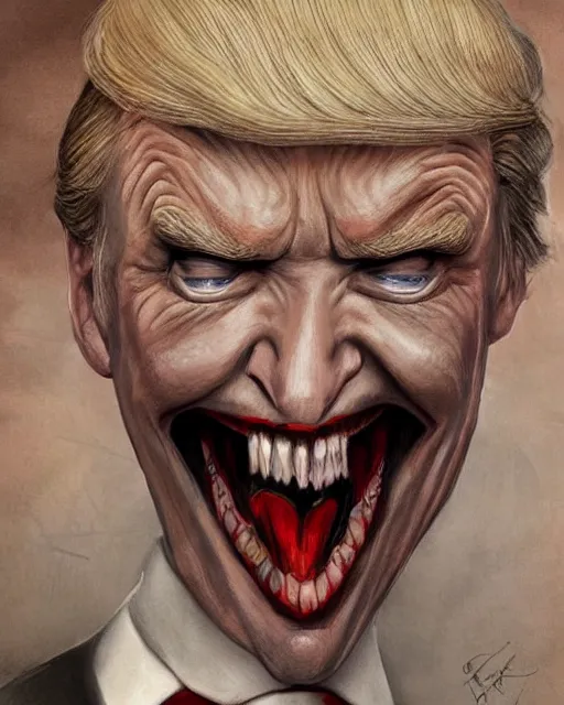 Image similar to donald trump as dracula with fangs out, character portrait, close up, concept art, intricate details, highly professionally detailed, hyperrealist, in the style of otto dix and h. r giger