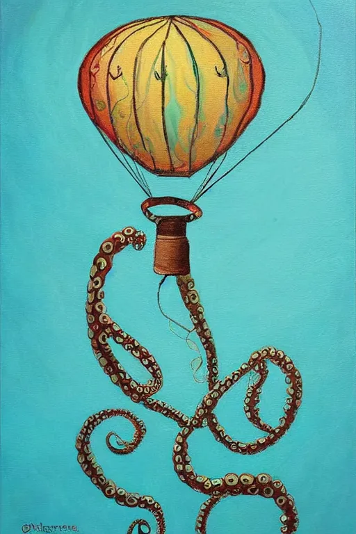 Prompt: teal octopus as hot air balloon, oil painting