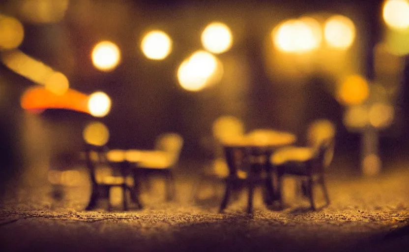 Image similar to miniature cafe nighttime diorama macro photography, cafe for mice, alleyway, ambient, atmospheric, british, bokeh, romantic