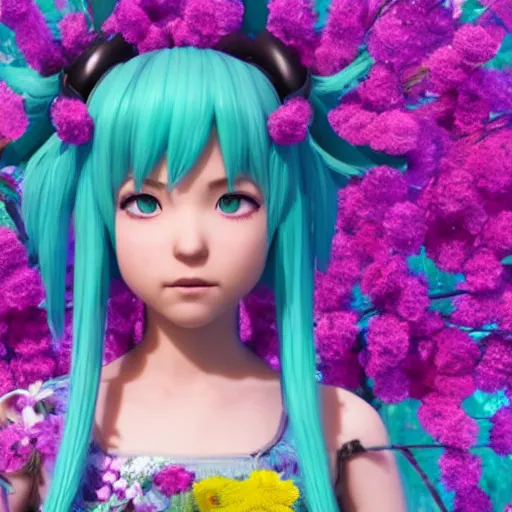 Image similar to 3 d octane render of hatsune miku wearing a large flower crown, in the movie midsommar directed by ari aster