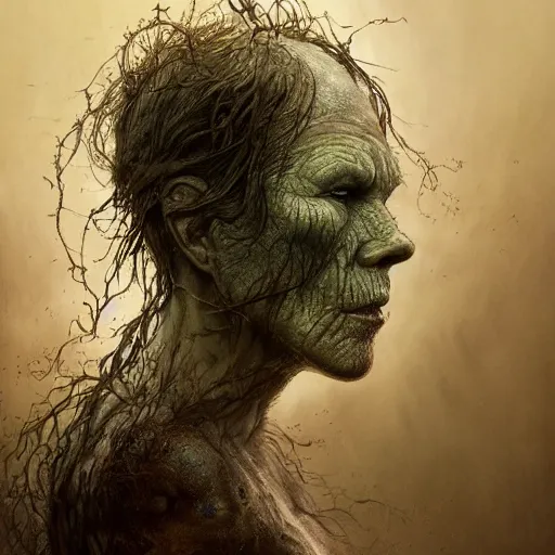 Image similar to rotten stem formed like the face of nick nolte in the swamp, at dusk, misty athmosphere, ultra realistic, concept art, intricate details, eerie, highly detailed, photorealistic, octane render, 8 k, unreal engine. art by ed binkley and ellen jewett and artgerm and greg rutkowski and alphonse mucha